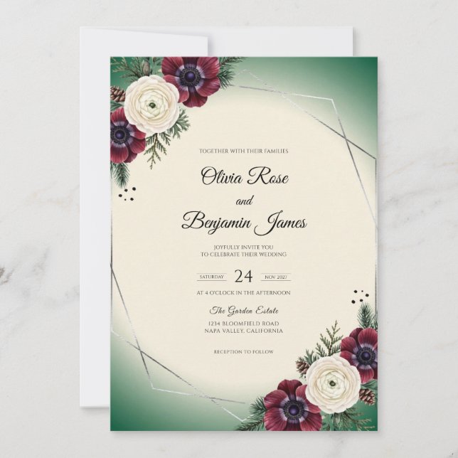 Convite Casamento com Folhagem de Anêmona Marrom (Frente)