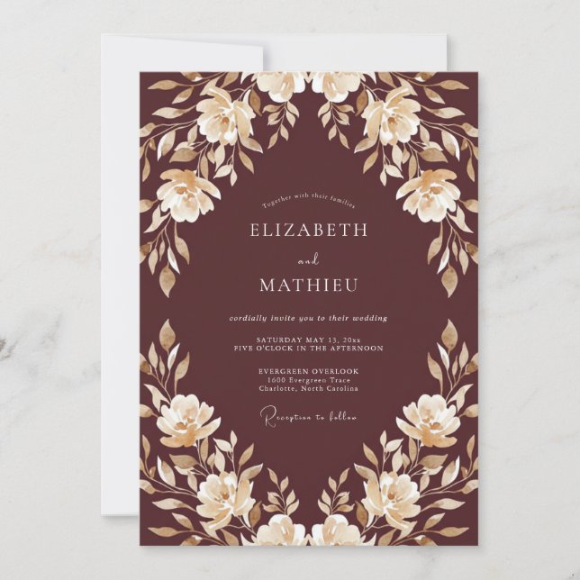 Convite Casamento com Folhagem de Champanhe Marrom Muted E (Frente)