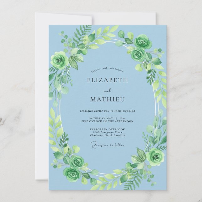 Convite Casamento com Folhagem de Eucalipto Azul Claro (Frente)
