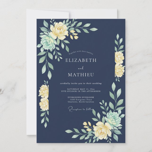 Convite Casamento com Folhagem de Eucalipto Azul Índigo (Frente)