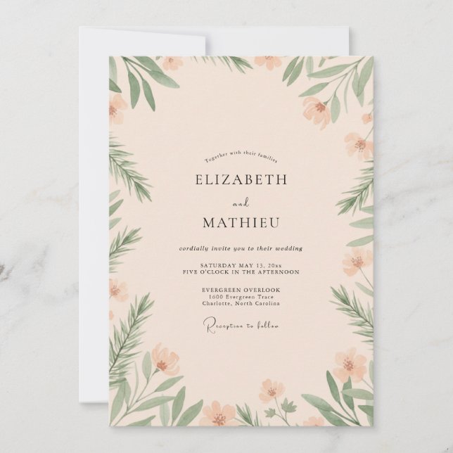 Convite Casamento com Folhagem de Eucalipto Champagne (Frente)