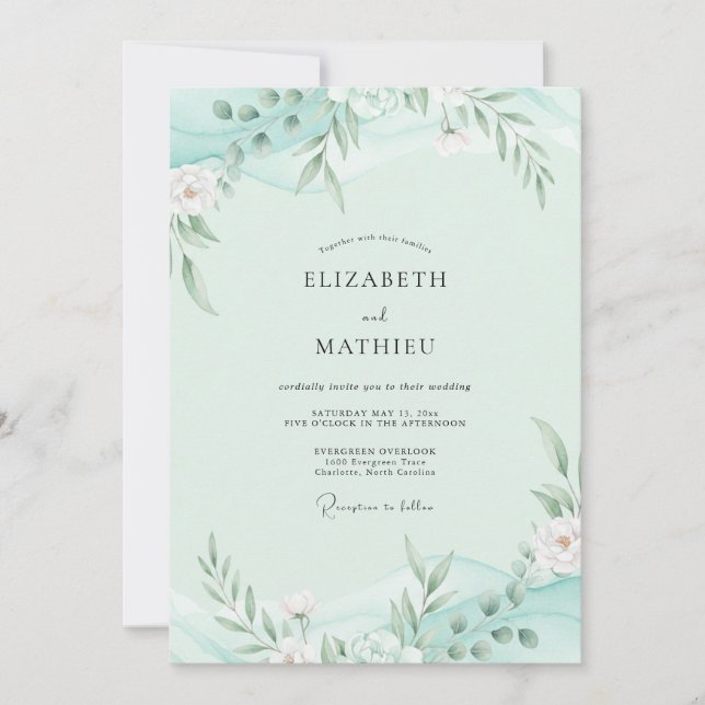 Convite Casamento com Folhagem de Eucalipto Cinza Espuma d (Frente)