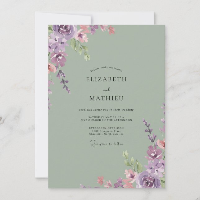 Convite Casamento com Folhagem de Eucalipto em Lavanda Cel (Frente)