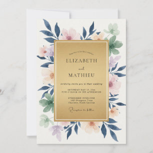 Convite Casamento com Folhagem de Eucalipto Indigo Pêssego