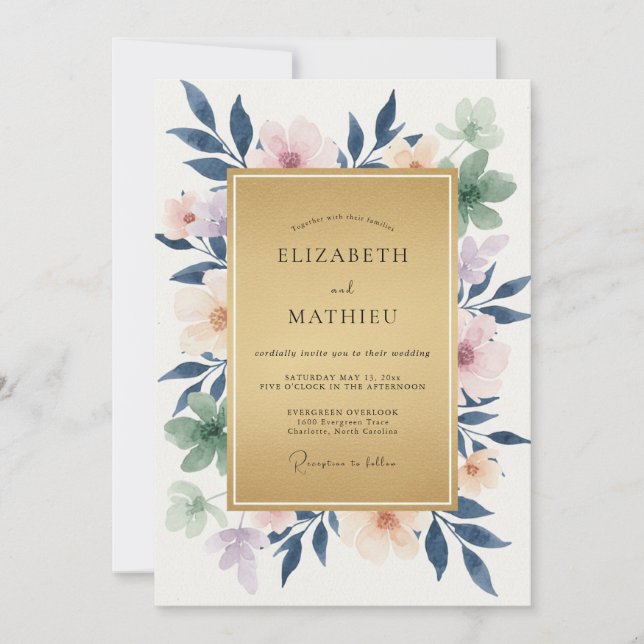 Convite Casamento com Folhagem de Eucalipto Indigo Pêssego (Frente)