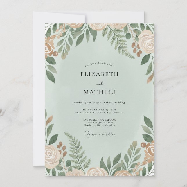 Convite Casamento com folhagem de eucalipto marfim menta (Frente)