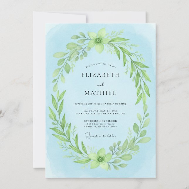 Convite Casamento com Folhagem de Eucalipto Sky Lime (Frente)