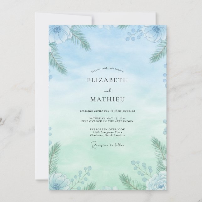 Convite Casamento com Folhagem de Eucalipto Sky Mint (Frente)