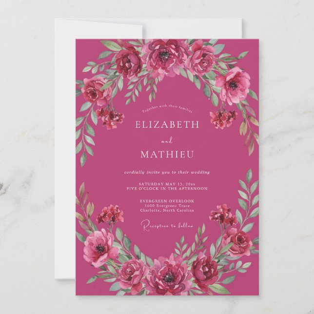 Convite Casamento com Folhagem de Fruta Magenta (Frente)