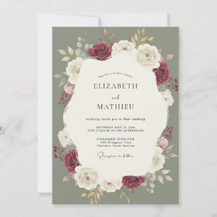 Convite Casamento com Folhagem de Musgo Borgonha