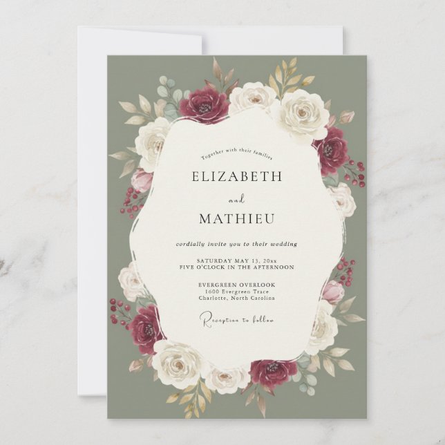 Convite Casamento com Folhagem de Musgo Borgonha (Frente)