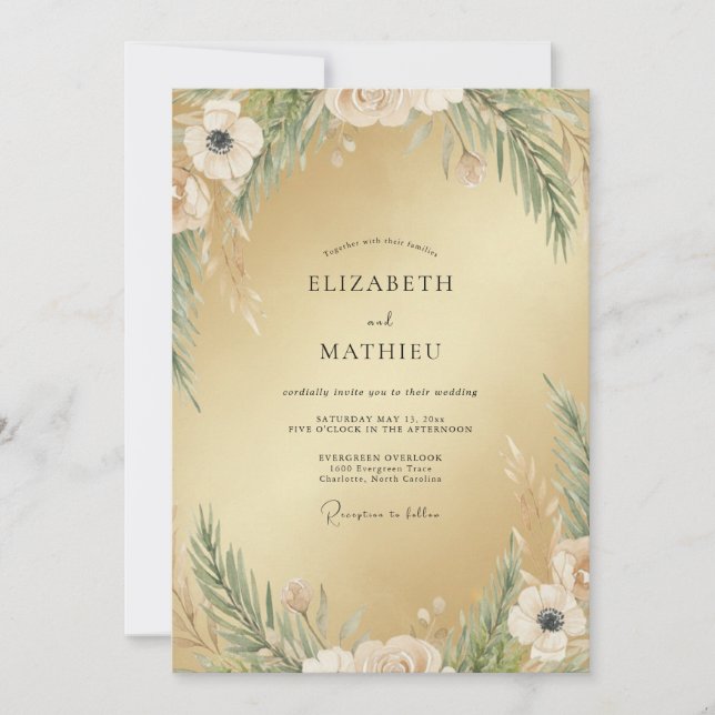 Convite Casamento com Folhagem de Musgo Champagne (Frente)