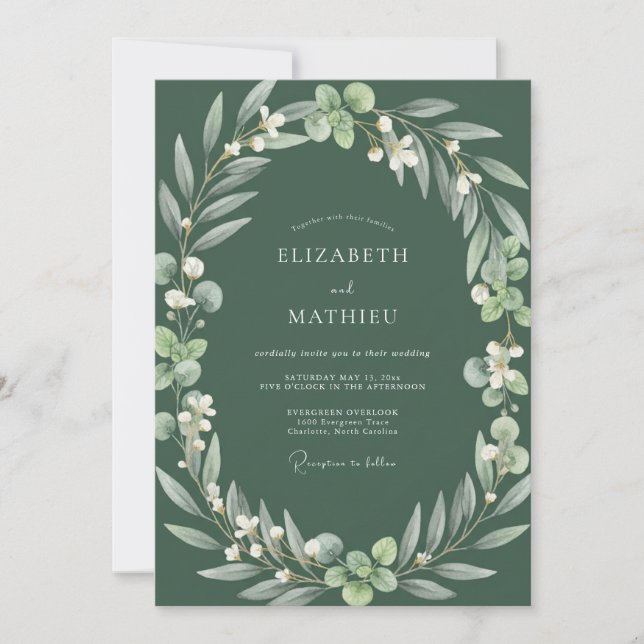 Convite Casamento com Folhagem de Musgo Escuro (Frente)