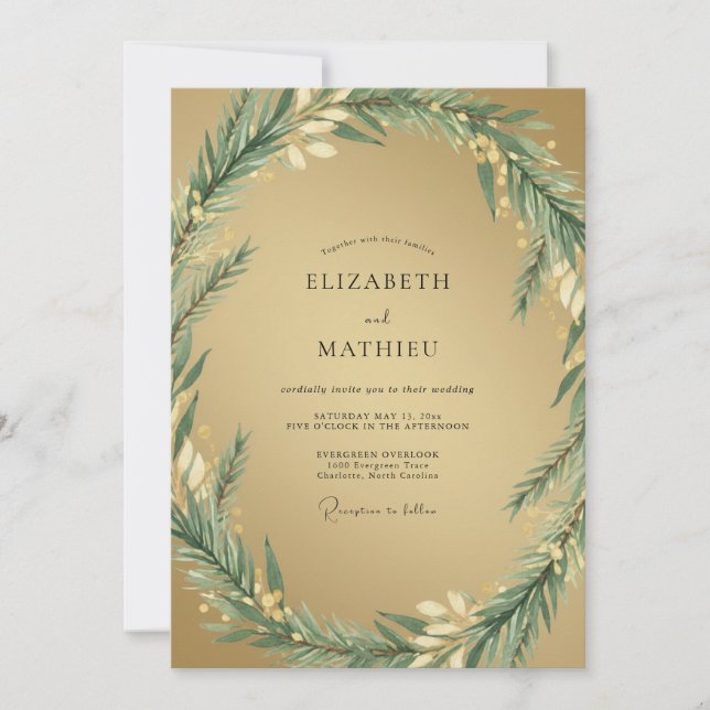 Convite Casamento com Folhagem de Oliva Dourada e Eucalipt (Frente)
