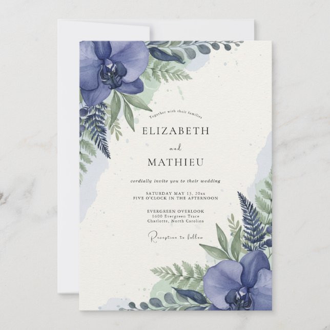 Convite Casamento com Folhagem de Orquídea Índigo (Frente)