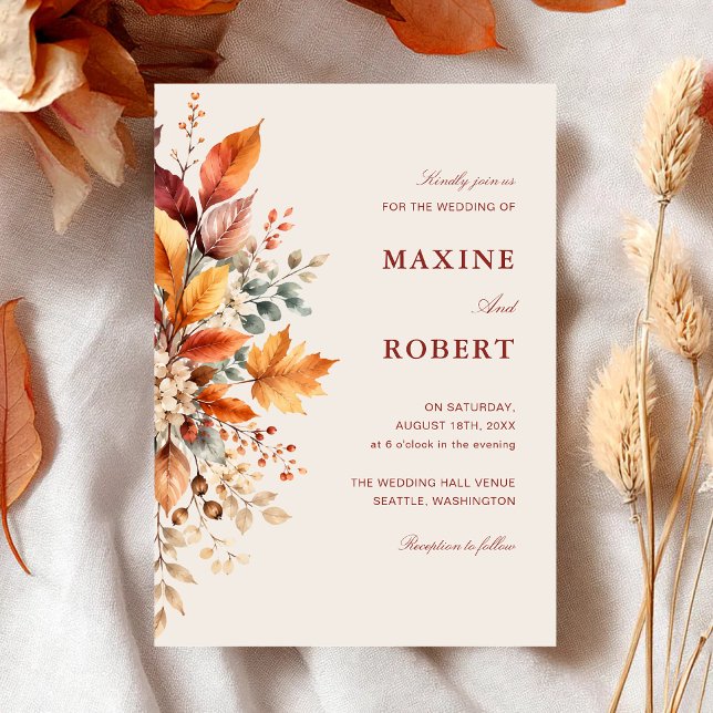 Convite Casamento com Folhagem de Outono Elegante em Aquar (Elegant autumn foliage watercolor invitation creates a warm welcome for your wedding.)