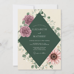 Convite Casamento com Folhagem de Peônia Lilás Rosa