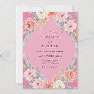 Convite Casamento com Folhagem de Peônia Magenta
