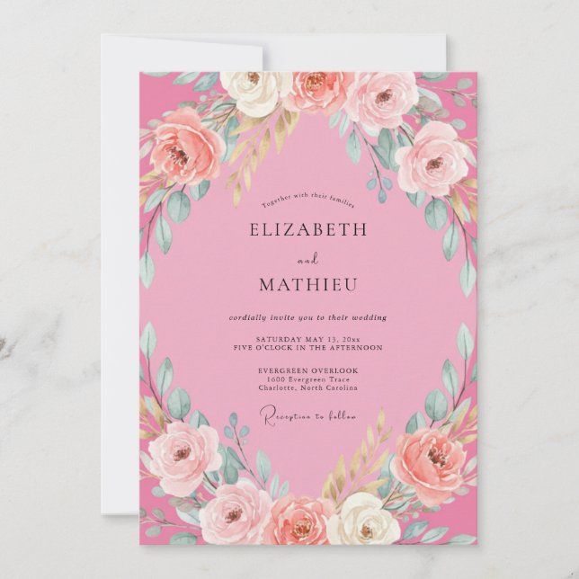 Convite Casamento com Folhagem de Peônia Magenta (Frente)