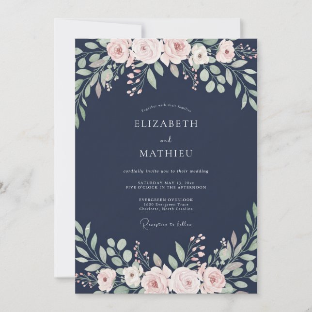 Convite Casamento com Folhagem de Pêssego à Meia-Noite Euc (Frente)
