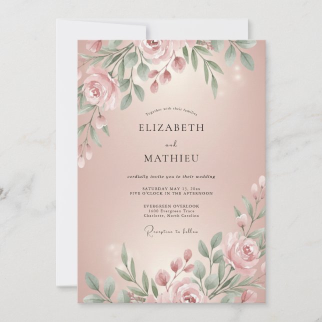 Convite Casamento com Folhagem de Pétala Rosada (Frente)