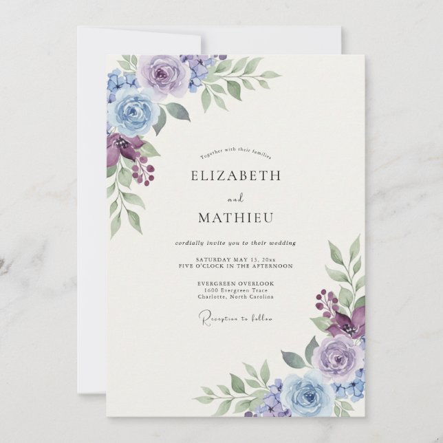 Convite Casamento com Folhagem de Salva Violeta Periwinkle (Frente)