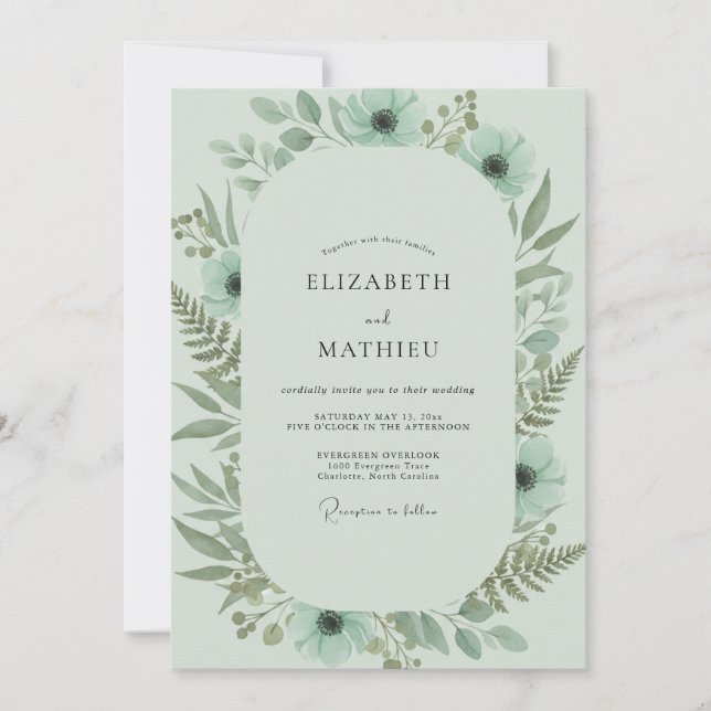 Convite Casamento com Folhagem de Samambaia Celadon (Frente)
