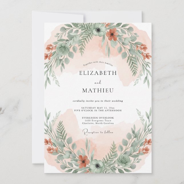 Convite Casamento com Folhagem de Samambaia Dourada (Frente)