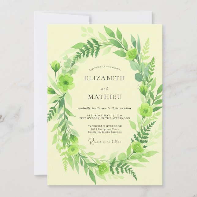 Convite Casamento com Folhagem de Samambaia Manteiga (Frente)