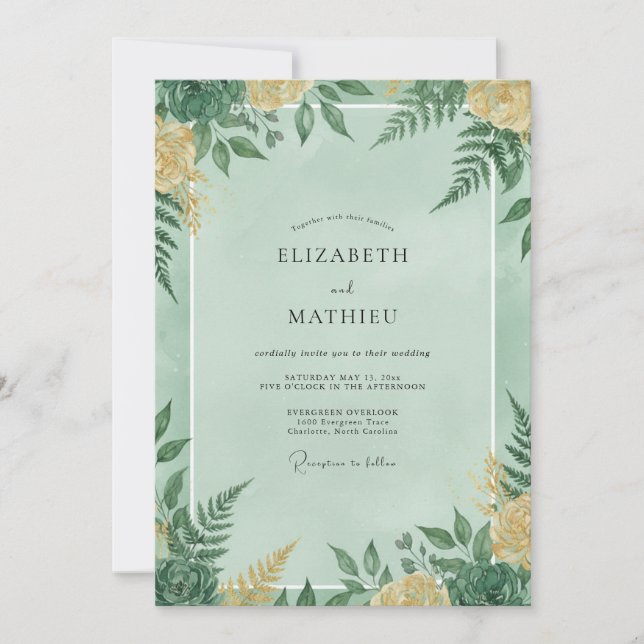 Convite Casamento com Folhagem de Samambaia Menta (Frente)