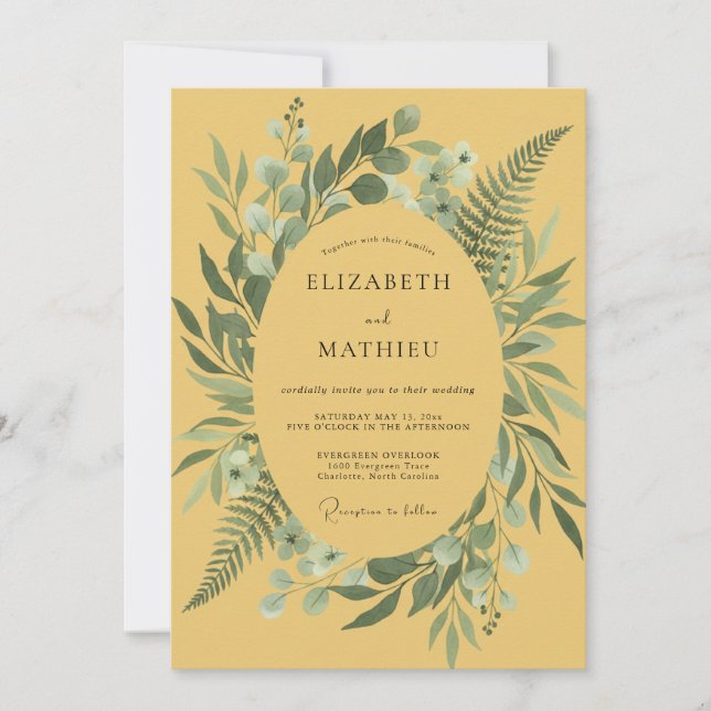 Convite Casamento com Folhagem de Samambaia Mostarda (Frente)