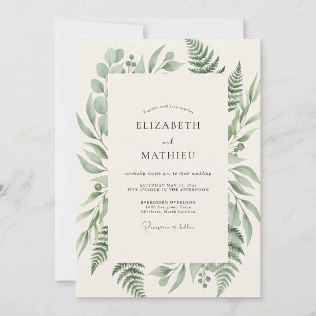Convite Casamento com Folhagem de Samambaia Oliva (Frente)