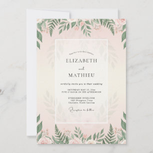 Convite Casamento com Folhagem de Samambaia Rosa