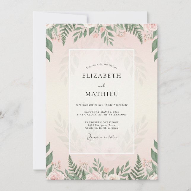 Convite Casamento com Folhagem de Samambaia Rosa (Frente)