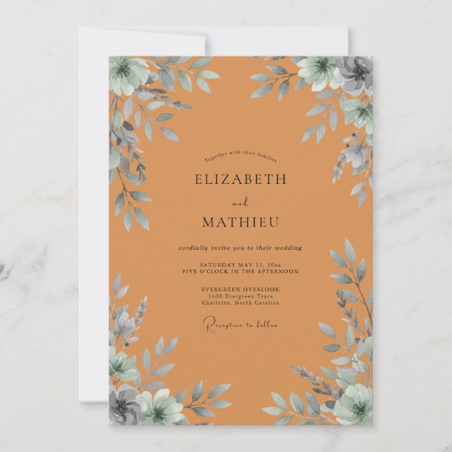 Convite Casamento com Folhagem de Terracota Eucalipto Suav (Frente)