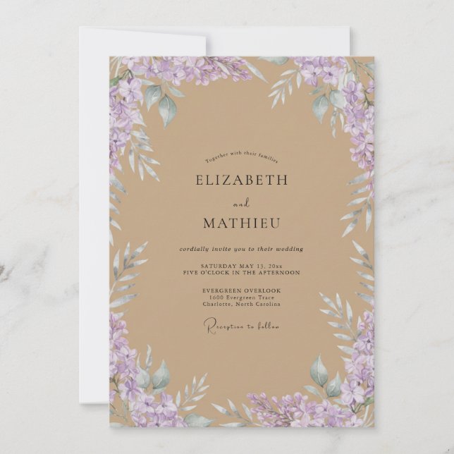 Convite Casamento com Folhagem de Wistéria Bege (Frente)