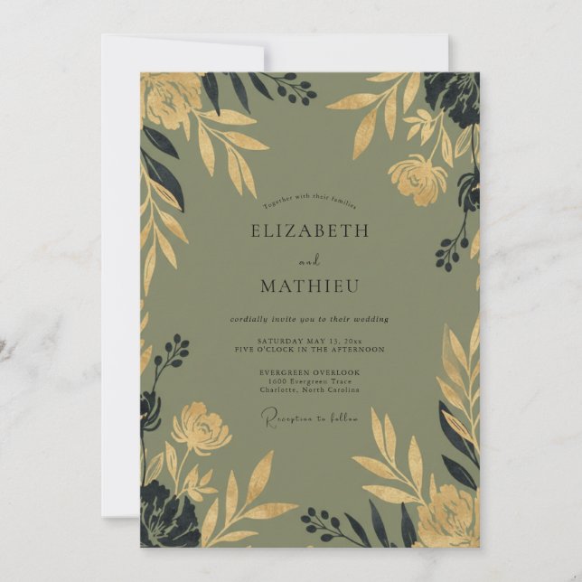 Convite Casamento com Folhagem Dourada de Musgo (Frente)