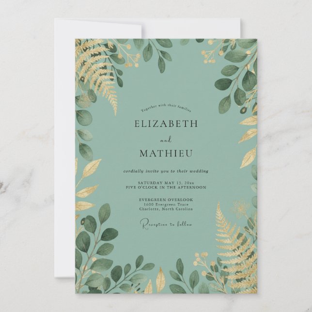 Convite Casamento com Folhagem Dourada e Eucalipto Celadon (Frente)