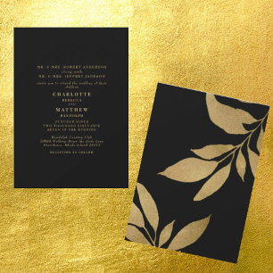 Convite Casamento com Folhagem Dourado Metálico Preto Glam