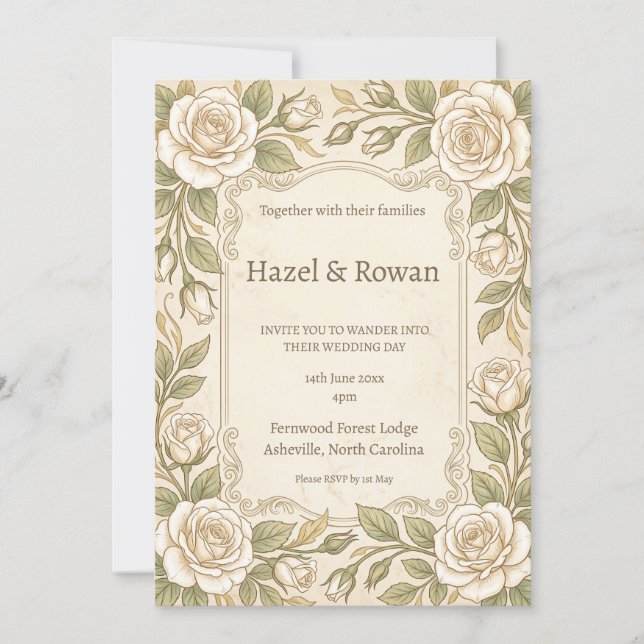 Convite Casamento com folhagem e rosa marfim (Frente)
