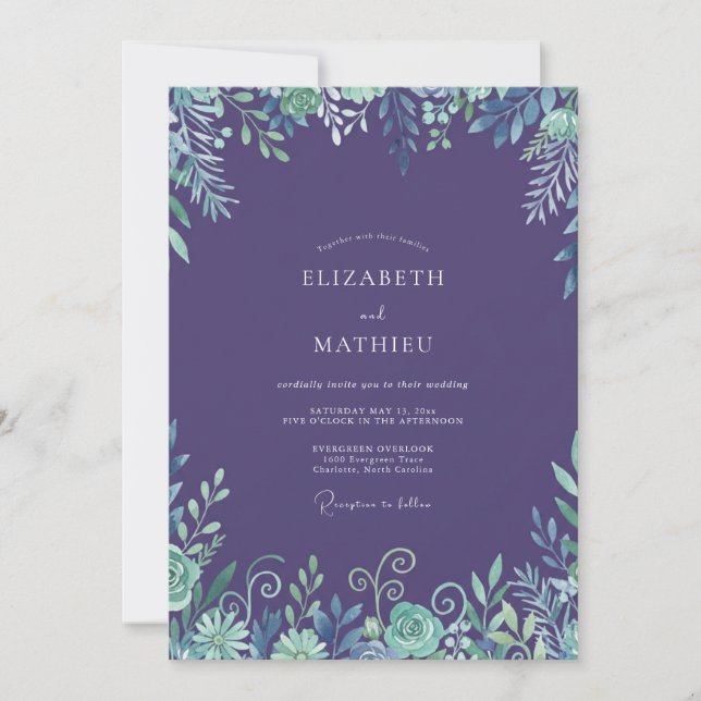 Convite Casamento com Folhagem em Aquarela Âmbar (Frente)