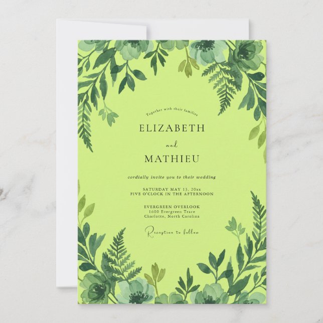 Convite Casamento com Folhagem em Aquarela de Limão (Frente)