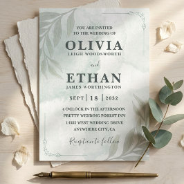 Convite Casamento com Folhagem em Aquarela em Verde Sage E