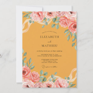 Convite Casamento com Folhagem em Aquarela Mostarda