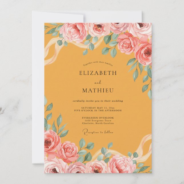 Convite Casamento com Folhagem em Aquarela Mostarda (Frente)