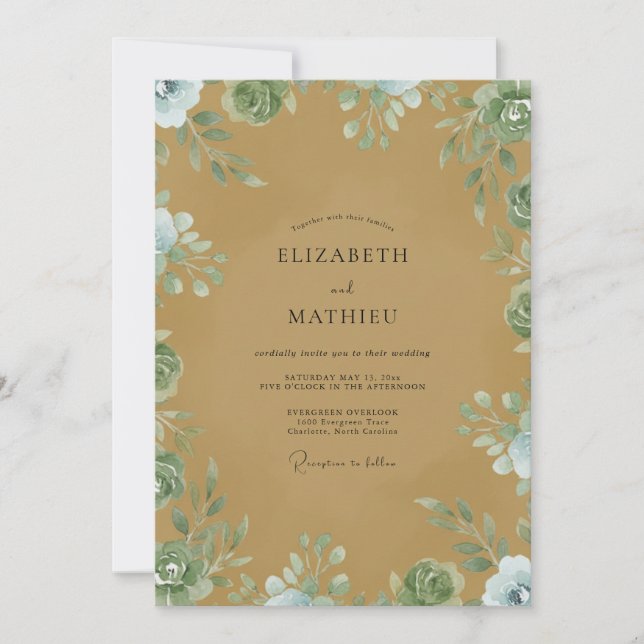 Convite Casamento com Folhagem em Aquarela Ócre (Frente)