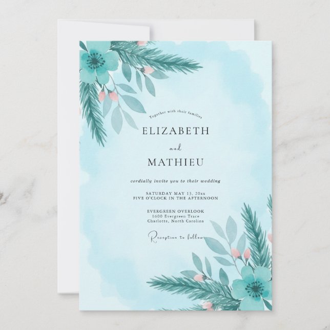 Convite Casamento com Folhagem em Tons de Aqua e Sage (Frente)