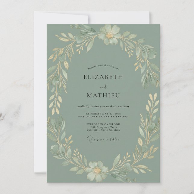 Convite Casamento com Folhagem Eucalipto Celadon (Frente)