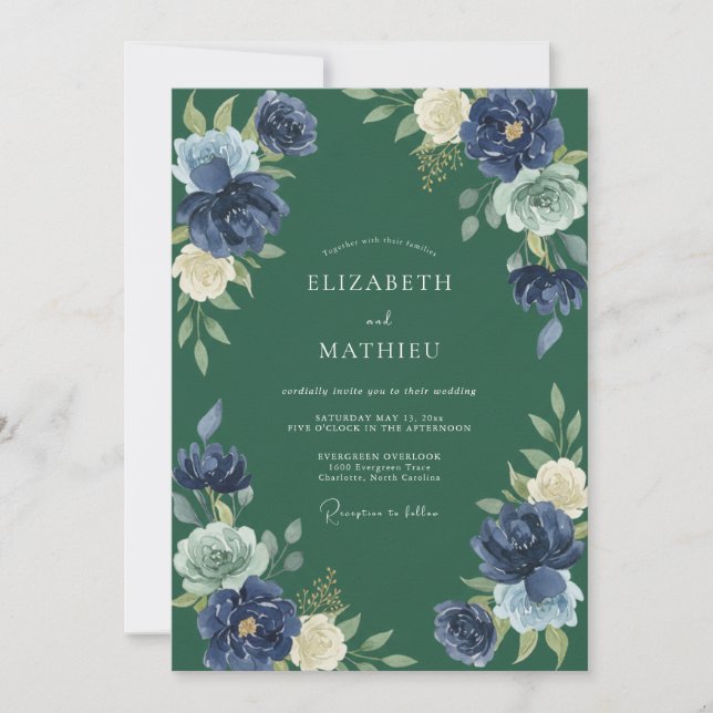 Convite Casamento com Folhagem Eucalipto Hunter Índigo (Frente)