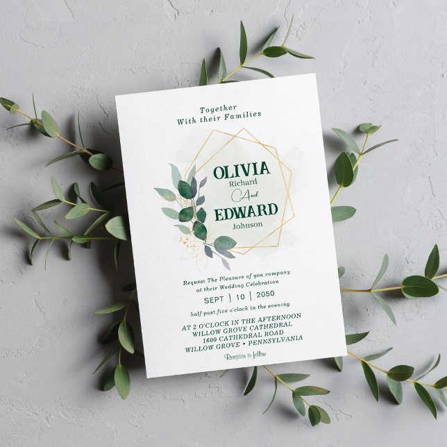 Convite Casamento com folhagem geométrica verde (Criador carregado)